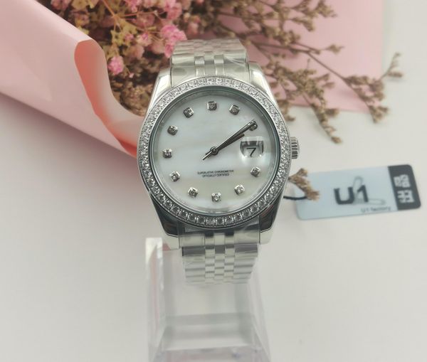 

u1 fashion 36/41mm mechanical mens watches bezel stainless steel women diamond lady watch waterproof luminous wristwatches montre de luxe, Slivery;brown