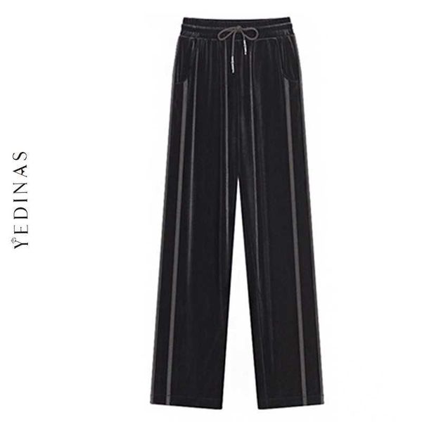 Yedinas Pantaloni vintage in velluto a vita alta a gamba larga Pantaloni streetwear da donna Casual elastico sciolto 210527