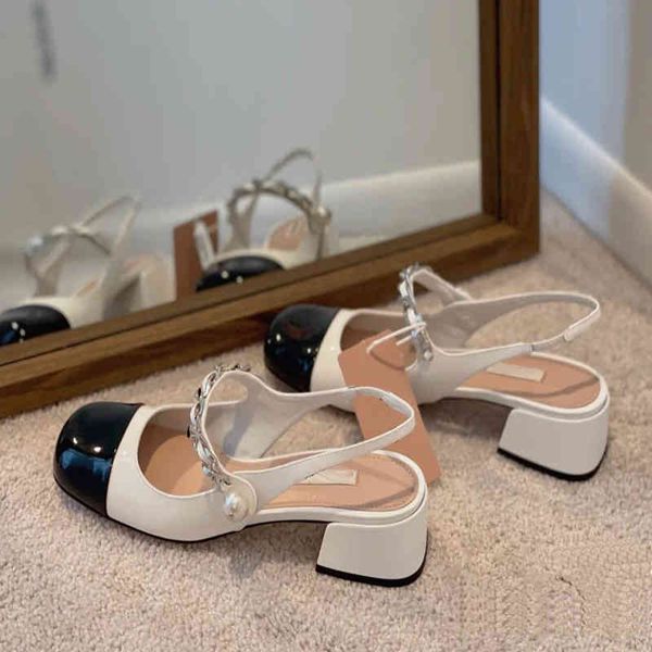 

2021 sandals women's high heeled new miu mary jane square head pearl chain patent leather back empty one line belt single shoes yw, Black