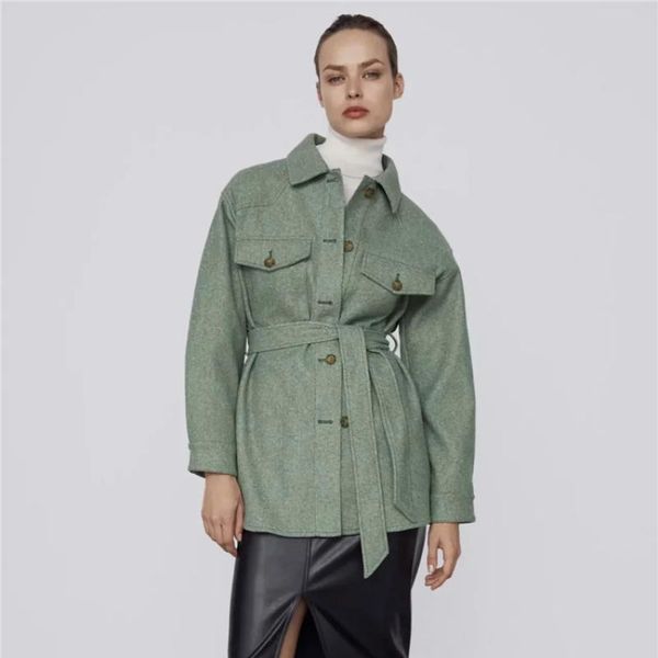 

women's wool & blends green jacket women adjustable waist spliced single breasted turn down collar coats woman spring autumn loose offi, Black