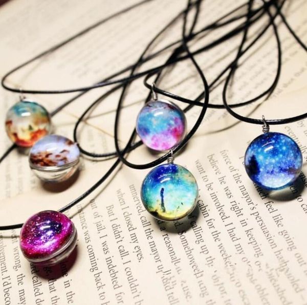 

space universe galaxy necklace stars glass ball pendant crystal collars planet pattern leather chain for necklaces, Silver