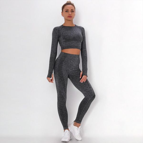 

2pc tracksuit high waist womens legging spring gym long sleeve fitness sets plus size sports wear workout set clothes, Black