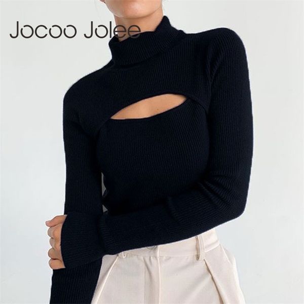 

women spring autumn solid hollow slim knit long sleeve t-shirt casual elegant turtleneck screw thread 210416, White