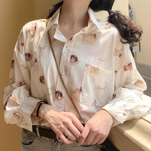 

women's blouses & shirts angel pigeo print shirt vintage office ladies women 2021 summer blouse long sleeves loose street t button up, White