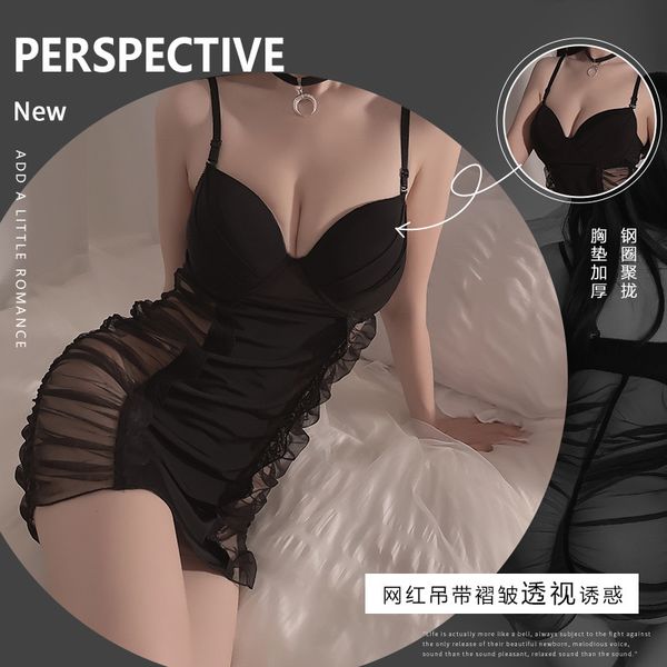 

women's lingerie deep v pleated mesh perspective sling nightdress set, Black;white