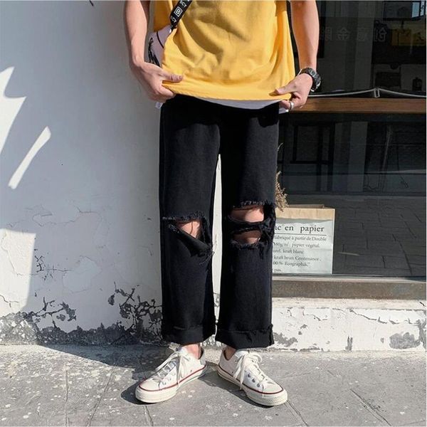 

men's jeans summer perforated fashion loose and versatile casual pants re9y, Blue