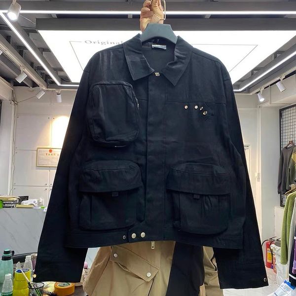 

men's jackets multi-pocket coverall lapel plain zip jacket, Black;brown