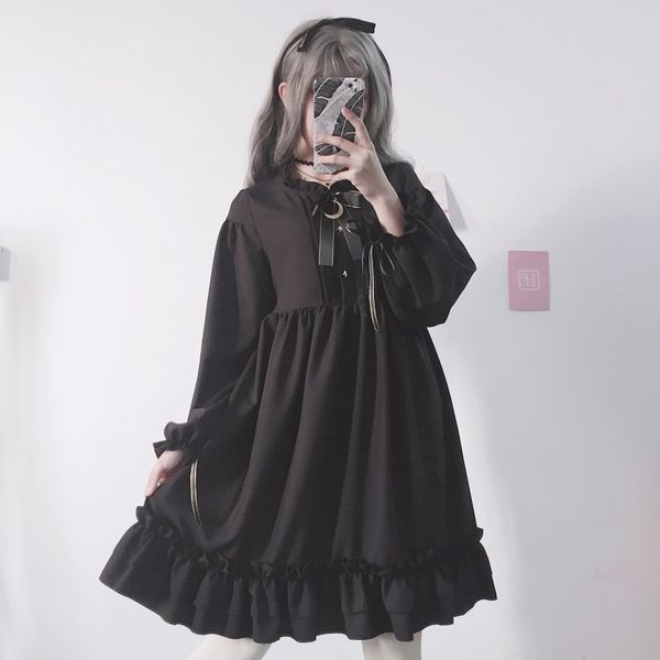 

2021japanese harajuku women black ruffles dress lantern sleeve lolita style students dress sweet kawaii cute bow girl chiffon dress, Black;gray