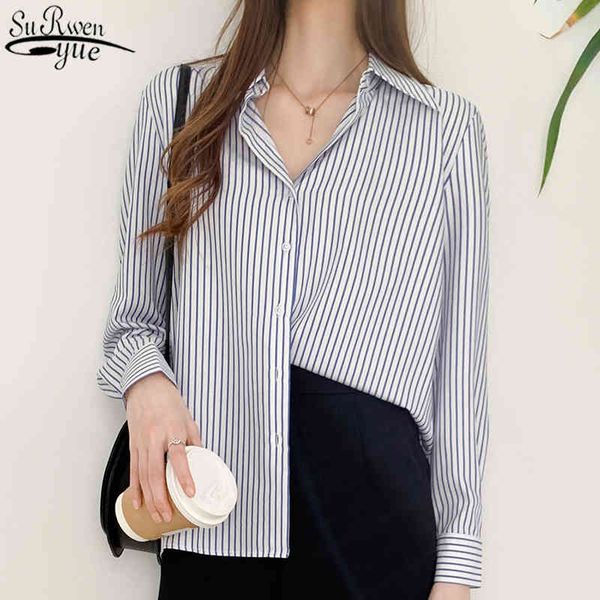 

autumn loose chiffon blouse women fashion striped v-neck long sleeve wild professional women's shirts feminine 11251 210521, White