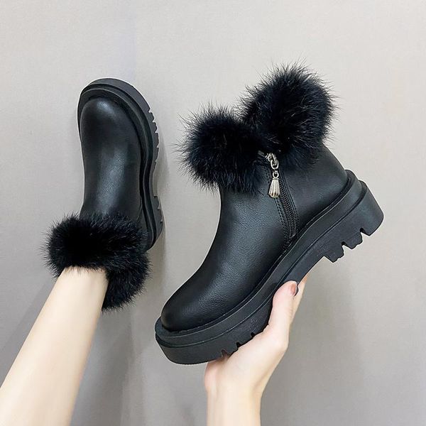 

boots 2021 winter loafers women's wear leather flats and snowshoes high warm platform fur oxfords size 43, Black