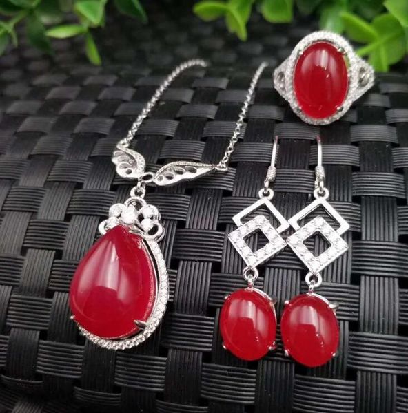 

bracelet, earrings & necklace boutique jewelry 4 color natural chalcedony pendant 925 silver wholesale ring earring set, Black