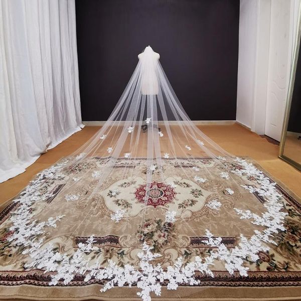 

bridal veils real pos long lace appliques wedding veil white ivory cathedral 3.5 meters bride accessories 2021, Black