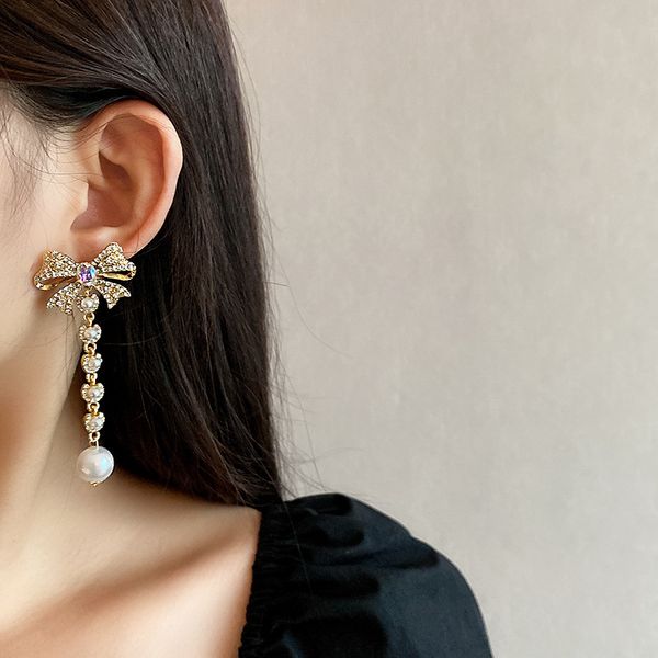 

925 silver needle full diamond bowknot pearl tassel long earrings