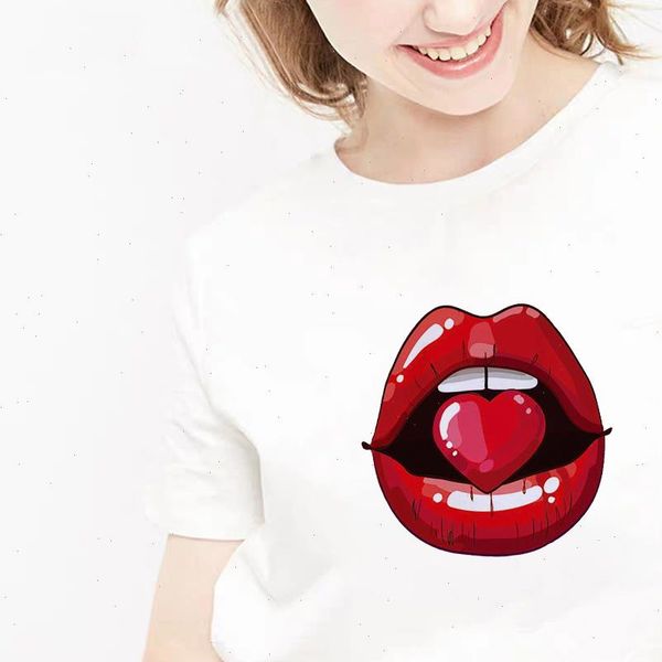 

women red womens t shirts mouth lip print base o neck short sleeve all match, White