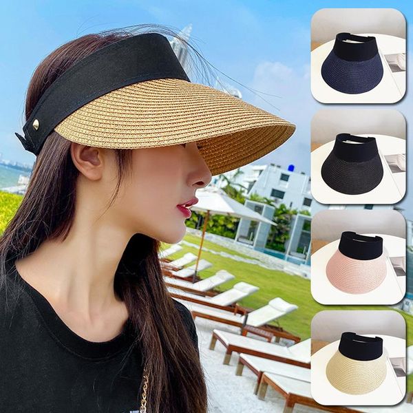 

1pcs women's summer leisure big eaves sun protection hat outdoor empty peaked visor straw beach s6c5998 hats, Black;white