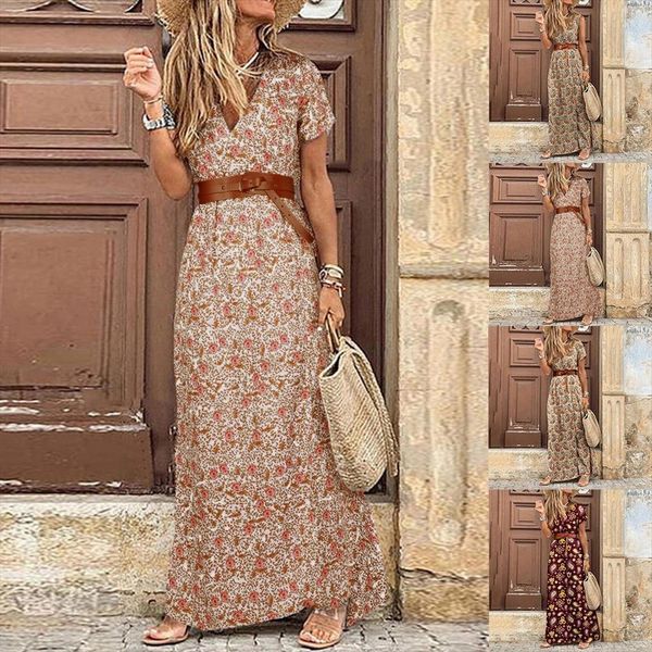

long summer v neck womens dress boho belted maxi casual party ladies bohemian beach holiday sundress vestido, Black;gray