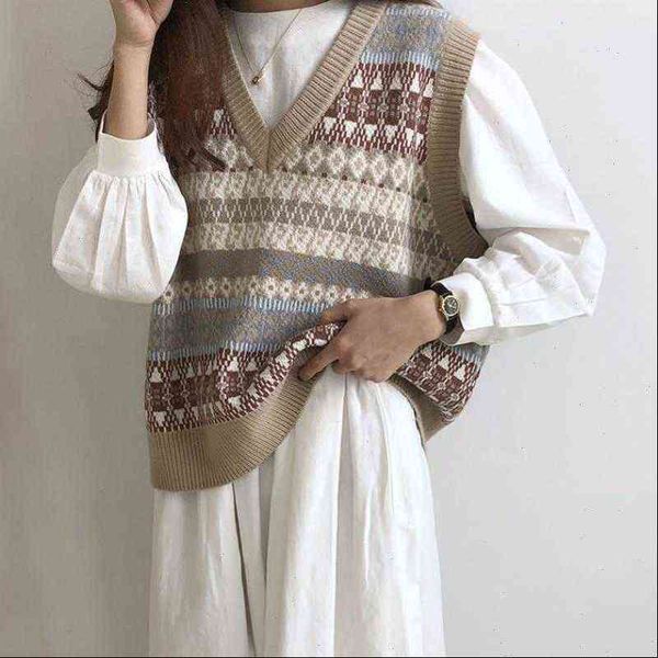 

Geometric Knitted Women Sweaters Vest Sleeveless Sweater Loose Oversized Tops Autumn Basic Vintage Pullovers Jumper Female Street Wear, White;black