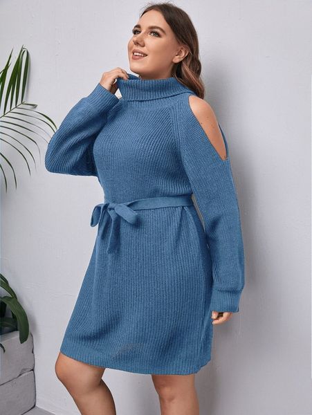 

plus solid cold shoulder turtleneck belted dress p7ki#, Black