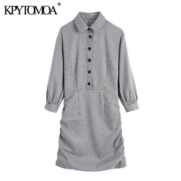 

women fashion with covered button houndstooth pleated mini dress vintage three quarter sleeve female dresses mujer 210416, Black;gray