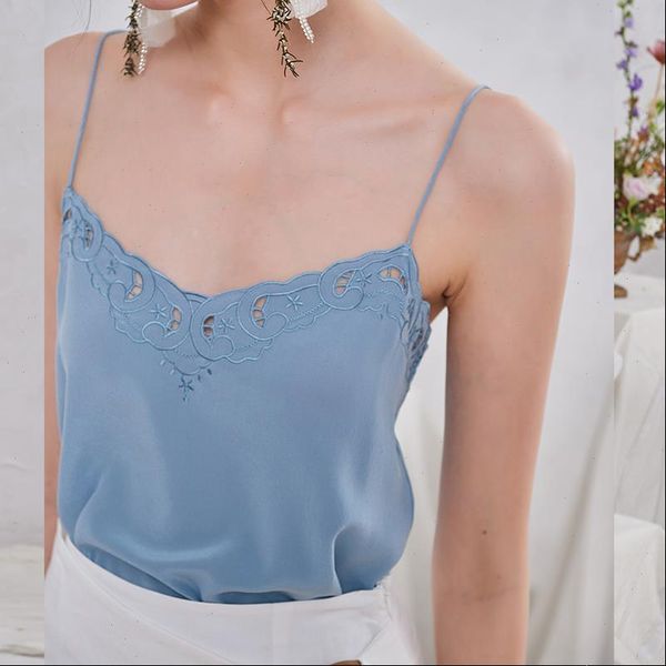 

100% silk autumn summer three women tanks color embroidery sling top, White