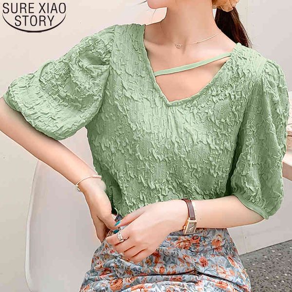 

puff short sleeve v-neck sweet blouse chemisier femme summer chiffon shirts female green solid shirt loose 10057 210417, White