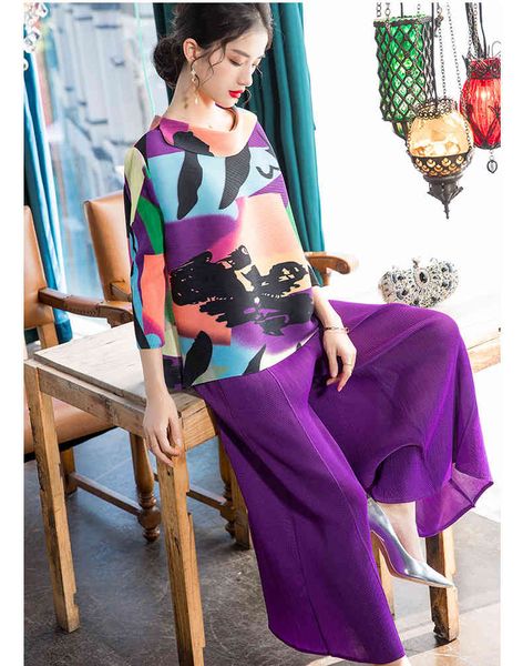 

dresses fashion fold three quarter o-neck print t-shirt + solid wide leg pants two-piece outfit, White