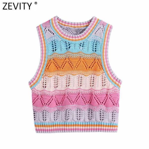 

zevity women color matching hollow out crochet short knitting sweater lady sleeveless casual slim vest crop pullovers sw848 210603, White