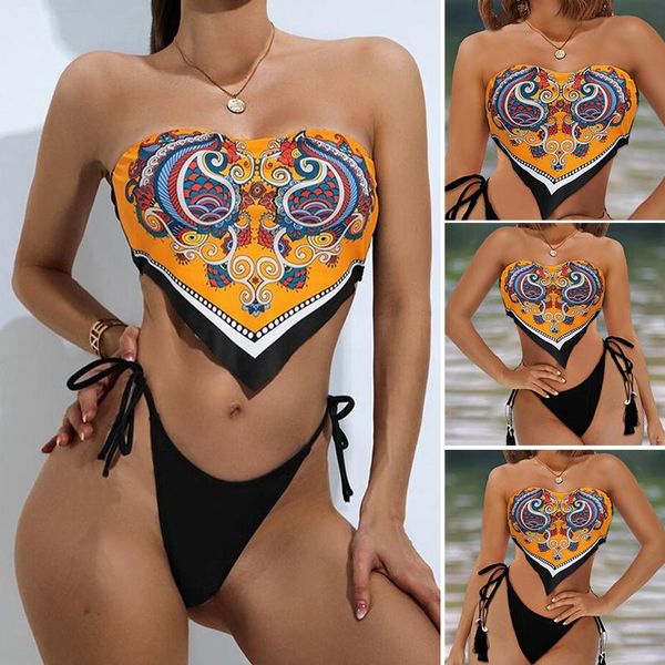 

paisley pattern print tassel design handkerchief bikini set women's swimsuit b2cshop one-piece suits