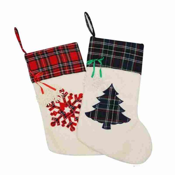Calda calza natalizia scozzese grande con zampa per albero, fiocco di neve, sacchetti regalo di Natale, ornamenti per l'albero di Natale, decorazione di Capodanno
