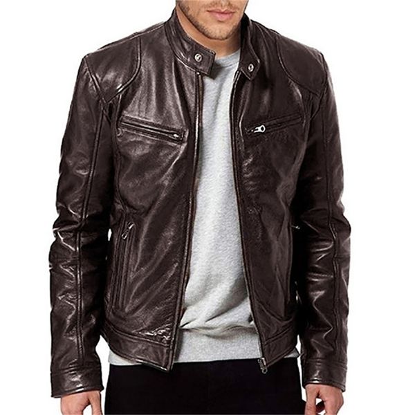 

vintage men's leather jacket zipper stand-up collar long sleeve loose locomotive fashion jackets casual leathers jackets 211110, Black
