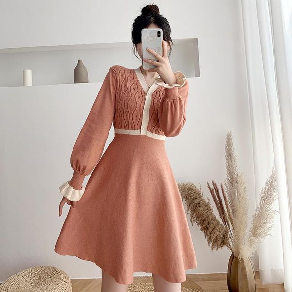 

casual dresses women one piece korea dress autumn 2021 office lady french style knitting long sleeve patchwork solid v-neck black, Black;gray