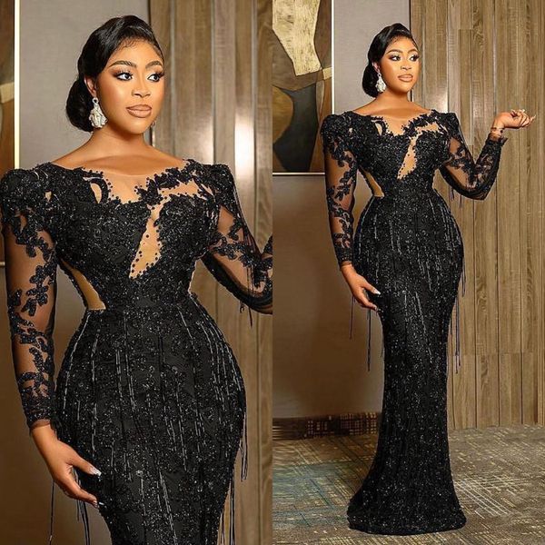 

sheer o neck mermaid evening dress long sleeves beading prom gowns plus size lace tassel formal party dresses, Black;red