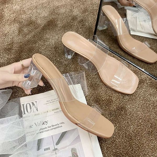 

summer fashion heel transparent high slippers thick wear women's sandals, Black