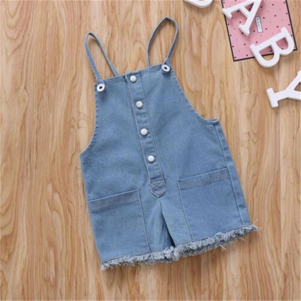 

baby girls fashion denim one-piece shorts sleeveless solid color button tassel overalls infant casual spring jumpsuit jumpsuits, Blue