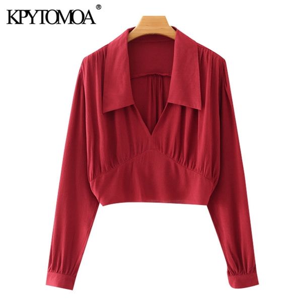 

women fashion deep v neck cropped blouses long sleeve back elastic hem female shirts chic 210420, Black;white