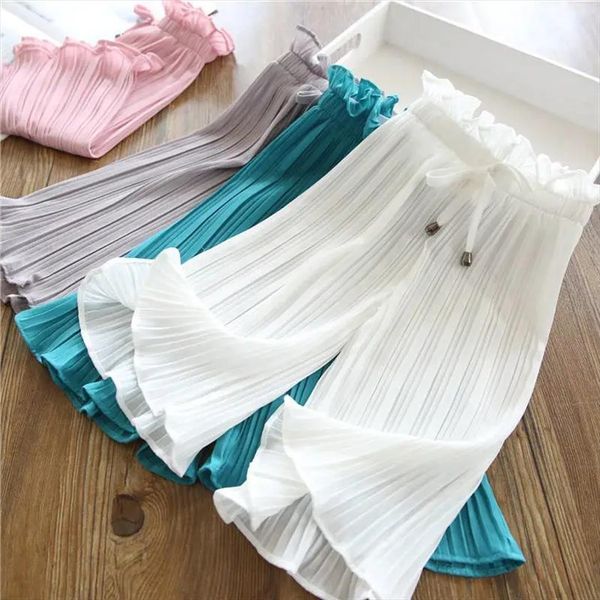 

summer kids girls chiffon pants wide leg lace waist childrens toddler girl causal, Blue