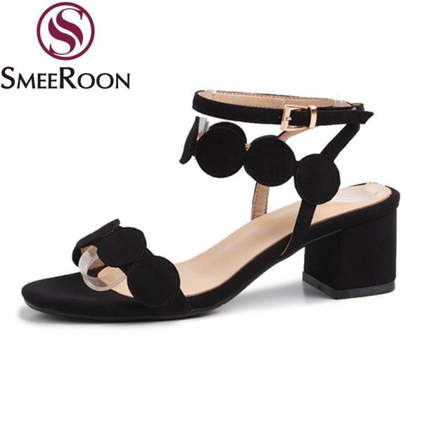 

slippers smeeroon 2021 arrival fashion party shoes red color buckle ladies square heels round toe summer women pumps, Black
