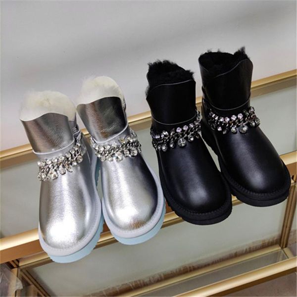 

boots winter ladies fur snow fashion crystal metal chain decoration flat heel black silver height increase platform