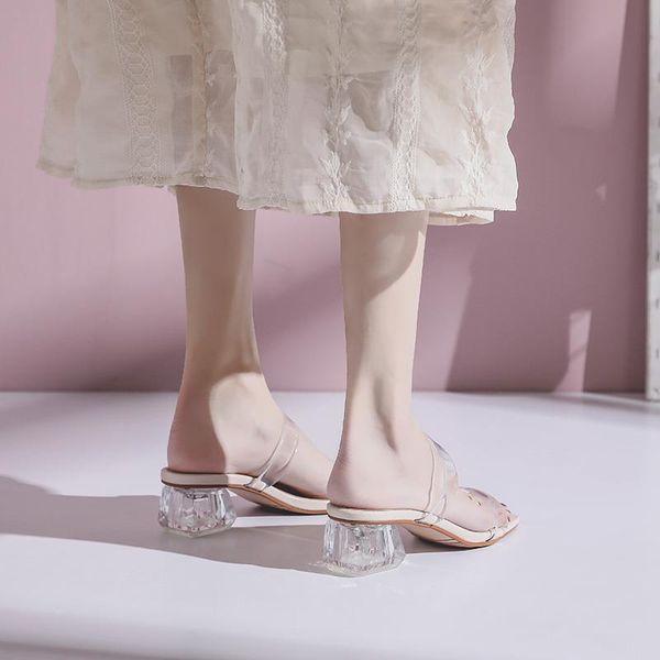 

sandals clear heels slippers women summer shoes woman transparent high pumps wedding jelly buty damskie square, Black