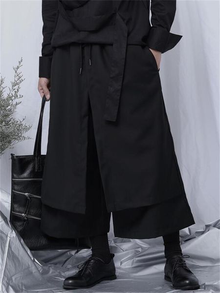 

men's pants wide-leg hair stylist style classic dark personality niche design fashion trend loose casual nine-point, Black