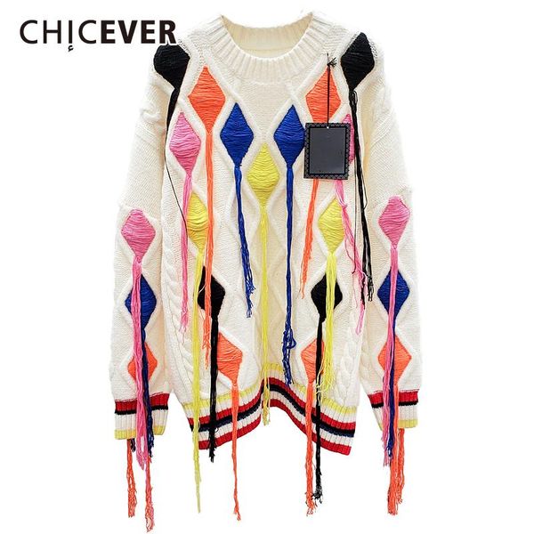 

patchwork sweater for women o neck long sleeve tassel lace up hit color knitting pullovers casual female 2021 women's sweaters, White;black
