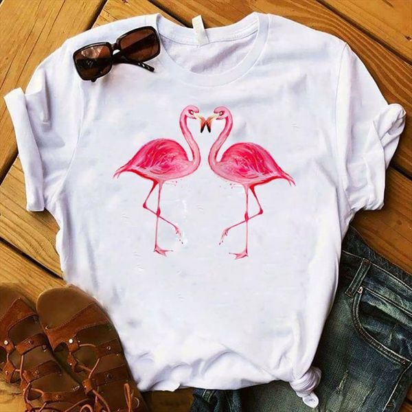 

flamingo printed short sleeve loose womens tee clothes graphic, White