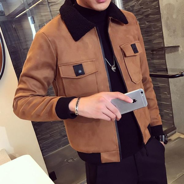 

men's jackets 2021 bomber homme men suede erkek khaki thick warm slim fit winter jacket deri ceket coats mens fur collar, Black;brown