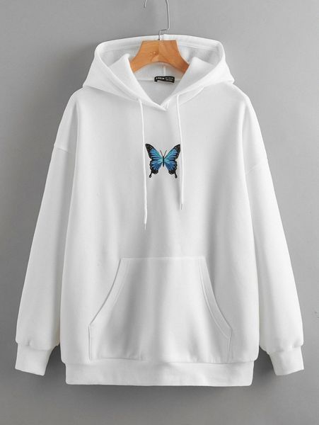 

butterfly embroidery kangaroo pocket drawstring hoodie f6of#, White;black