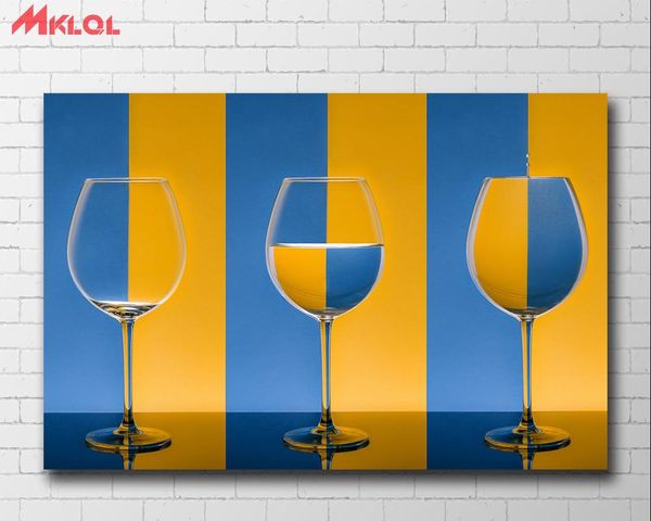 

paintings wxkoil wall art wine glass stripes yellow blue color painting living room home decoration oil on canvas