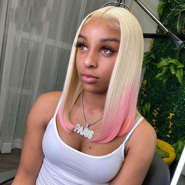 

colored ombre pink silk base wig brazilian remy glueless human hair blonde bob silky straight 5x5 pu for women lace wigs1, Black;brown