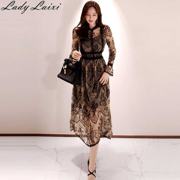 

spring summer women fashion lace dress high waist sheer long mesh embroidered femme vestidos 210529, Black;gray