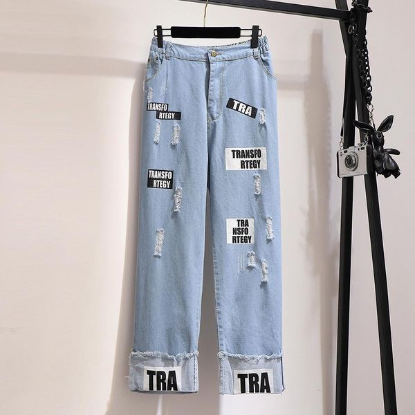 

2xl 6xl large size hole women jean autumn casual plus 5xl letter print elastic waist knee length denim pant loose, Blue