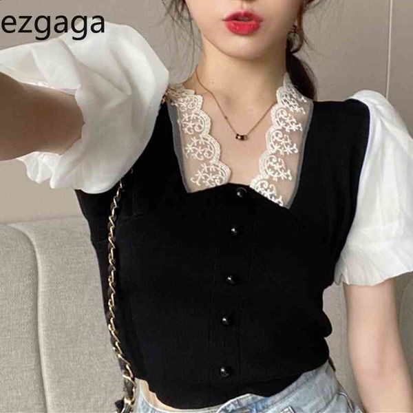 Ezgaga patchwork retalhos em v-pescoço decote manga curta mulheres blusa coreano moda chique chiffon malha colheita tops magro elegante camisas 210430