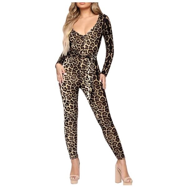 

women's jumpsuits & rompers womail leopard print jumpsuit v-neck bandage long sleeve bodysuit casual skinny romper night club party ove, Black;white